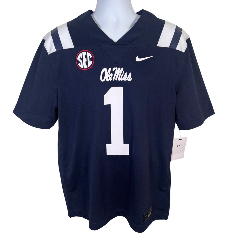 Ole Miss Rebels Nike NCAA Football Jersey New Navy Blue #1 Mens Sz L Mississippi